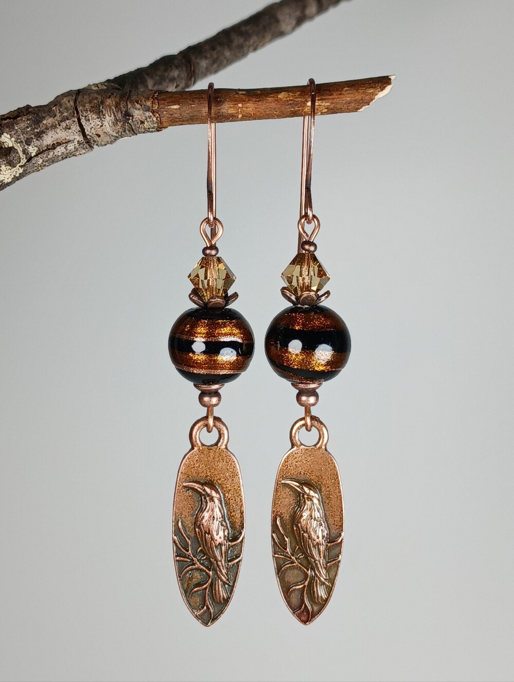 Copper Raven Earrings Gothic Woodland Dark Academia Artisan - Picture 4 of 7